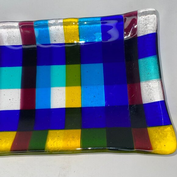 Fused Art Glass Trinket Tray Blue Yellow Check Design 7.5" X 4" - Picture 3 of 8